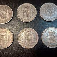 Lotto di 6 Monete in Argento 5 Pesetas.