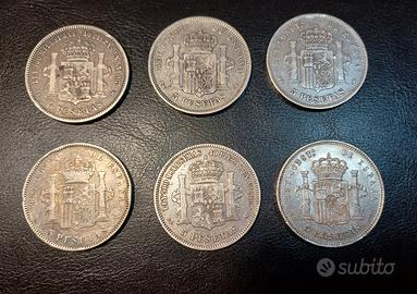 Lotto di 6 Monete in Argento 5 Pesetas.