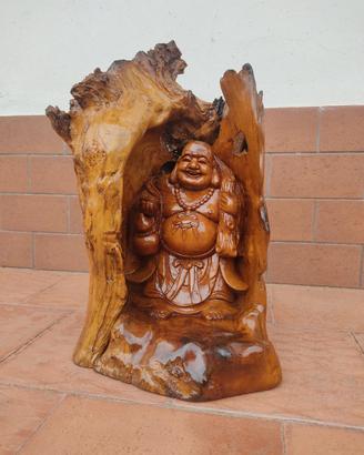 Statua Radice Buddha Legno di Teak Laccato Indiano