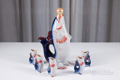 Decanter e bicchieri pesce vetro blu URSS ’60