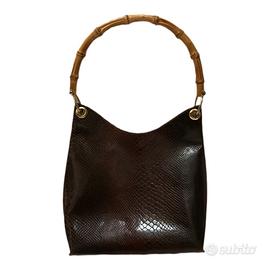 Borsa vintage pelle marrone con manico in bambù