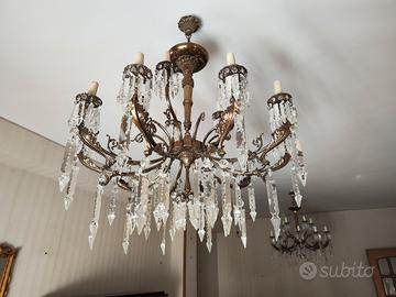 Coppia Di Lampadari 12 Luci In Ottone E Cristalli