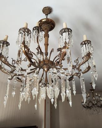 Coppia Di Lampadari 12 Luci In Ottone E Cristalli