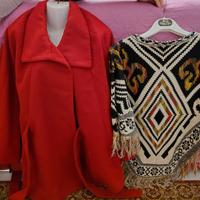 Poncho mantella cappotto rosso fantasia L/XL donna