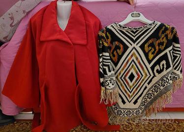 Poncho mantella cappotto rosso fantasia L/XL donna