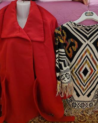 Poncho mantella cappotto rosso fantasia L/XL donna