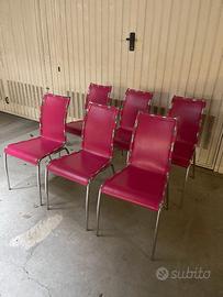 6 sedie cuoio viola fucsia con struttura acciaio.
