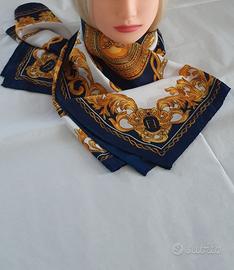 Foulard in pura seta blu bianco e oro