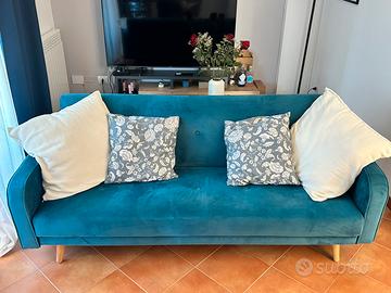 Divano letto a 3 posti in velluto blu petrolio