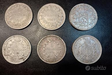 Lotto di 6 Monete in Argento  5 Franchi