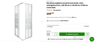 BOX DOCCIA 80X80 NUOVO, IN VETRO 6MM