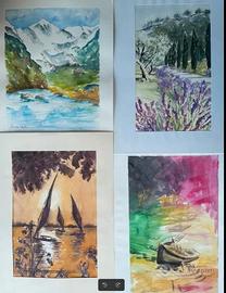 4 ACQUERELLI SU CARTA - FIUME, MONTI, TERRA, MARE