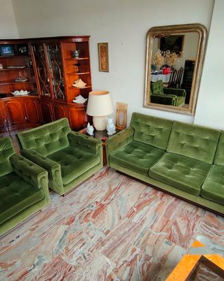 Set divani in velluto con zoccolo in legno