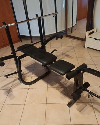 Panca multifunzione con bilanciere e set manubri 