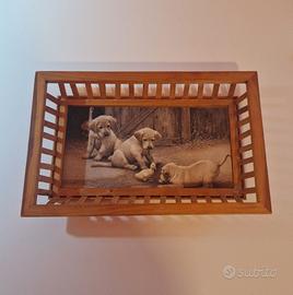 Vassoio Vintage in Legno con Decoro Cuccioli e Ana