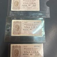 Set 3 biglietti di stato una lira 1944
