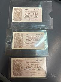 Set 3 biglietti di stato una lira 1944