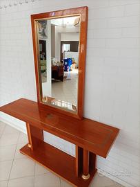 Consolle e specchio in noce con intarsi in ottone