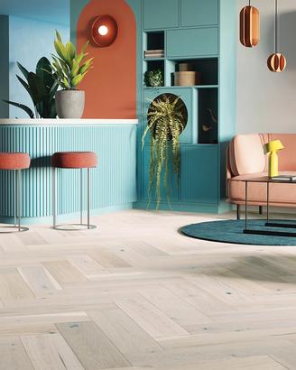 Pavimento in legno di Rovere a spina sbiancato