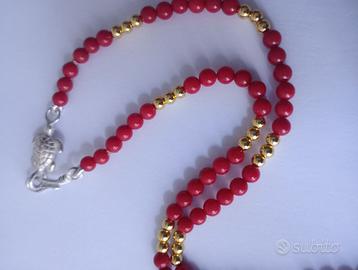 collana corallo  rosso bamboo ematite placcata oro