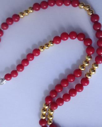 collana corallo  rosso bamboo ematite placcata oro