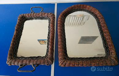 Specchio e Vassoio Vintage in Vimini Intrecciato