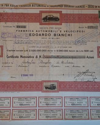 TITOLO AZIONARIO EDOARDO BIANCHI MAGGIO 1953