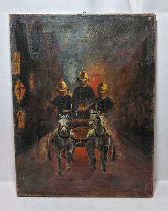 Antico Dipinto XIX - Pompieri Francesi A Cavallo