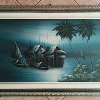 Quadro paesaggio tropicale con palme e barche