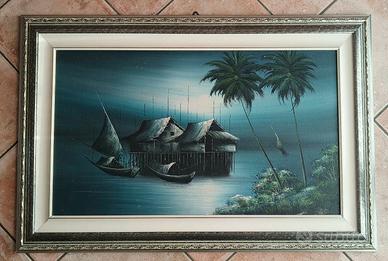 Quadro paesaggio tropicale con palme e barche