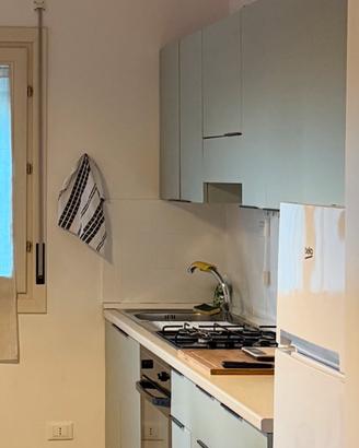 Cucina verde con elettrodomestici