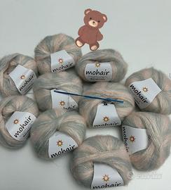 SET 10 GOMITOLI MOHAIR ROSA PLATINO+ 1 UNCINETTO 