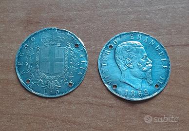 5 lire 1869 argento facce separate