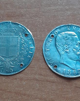 5 lire 1869 argento facce separate