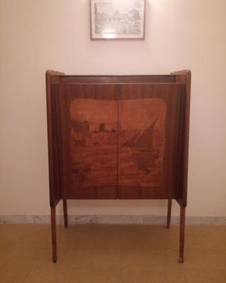 Mobiletto bar anni '50,in legno intarsiato,vintage