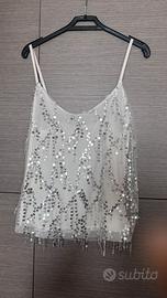 Top Donna Elegante Bianco con Paillettes Argento