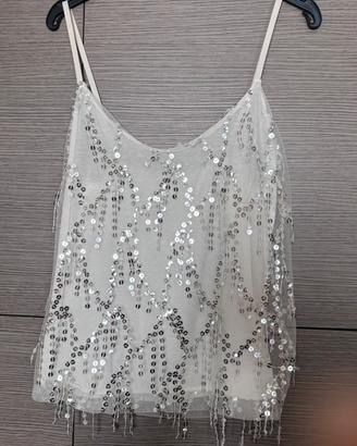 Top Donna Elegante Bianco con Paillettes Argento