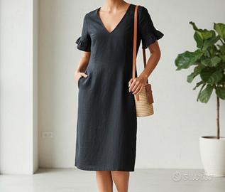 Abito donna nero cotone e lino taglia forte