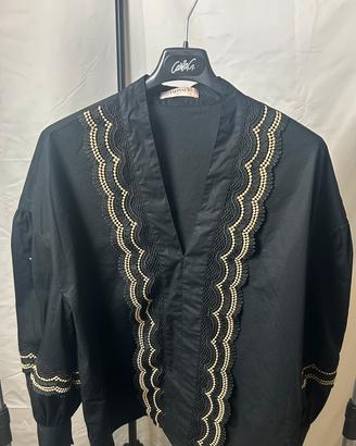 Camicia Twinset Nera con Dettagli Pizzo e Oro