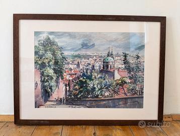 ACQUERELLO VEDUTA SU CITTÀ DI PRAGA CON CORNICE
