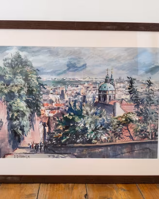 ACQUERELLO VEDUTA SU CITTÀ DI PRAGA CON CORNICE