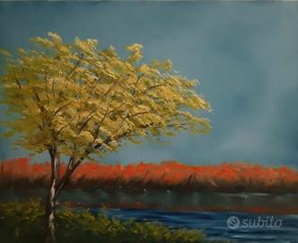 Quadro albero con lago olio su tela