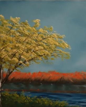 Quadro albero con lago olio su tela