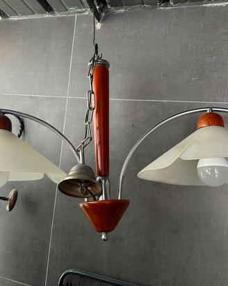 lampadario vintage due luci in vetro e legno 