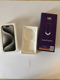 Scatola vuota iphone 15pro più vetro temperato