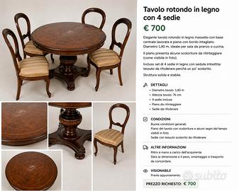 Tavolo rotondo in legno con 4 sedie