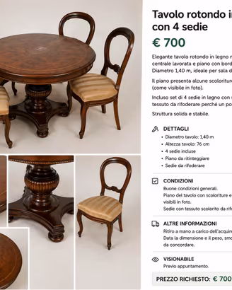 Tavolo rotondo in legno con 4 sedie