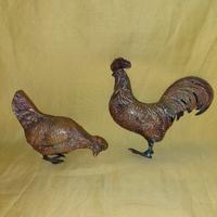 GALLO e GALLINA bronzo dorato, vintage, cm10 e 9.