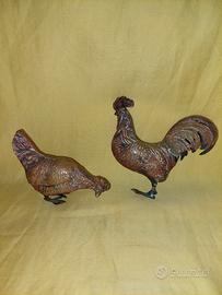 GALLO e GALLINA bronzo dorato, vintage, cm10 e 9.