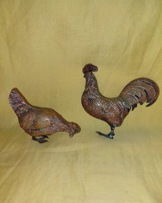 GALLO e GALLINA bronzo dorato, vintage, cm10 e 9.
